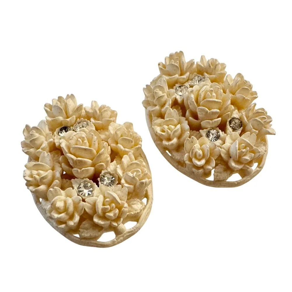 Vintage‎ Cream Celluloid Carved Roses Statement Earrings Oval Cottage Feminine